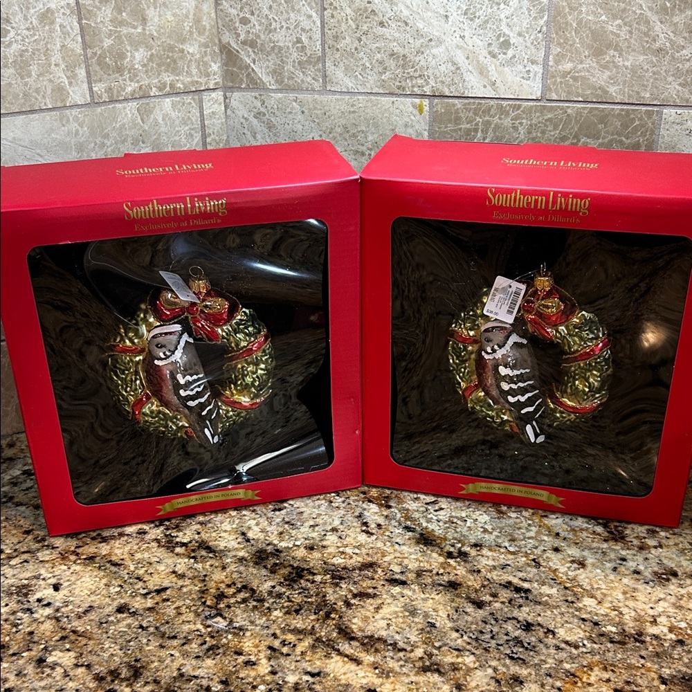 Southern Living Christmas ornaments, glass owl figurines sitting in wreaths. New
